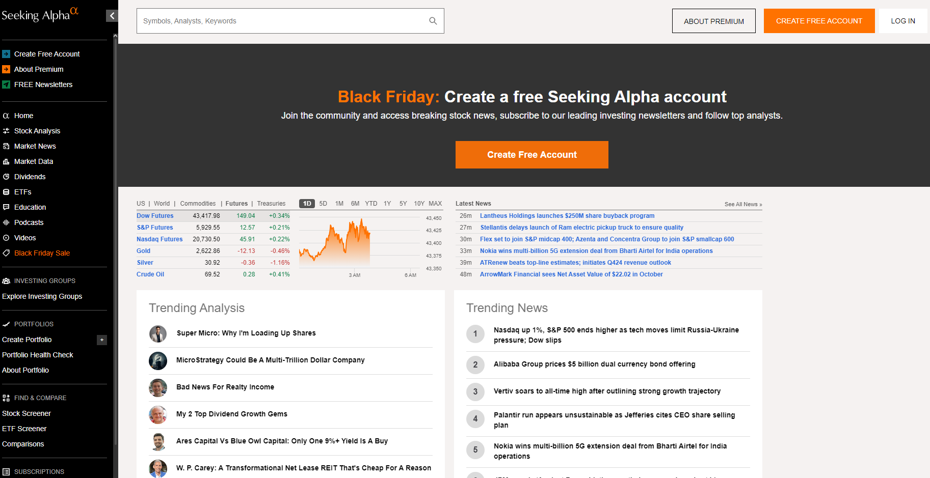 главная страница трейдерского сайта Seeking Alpha